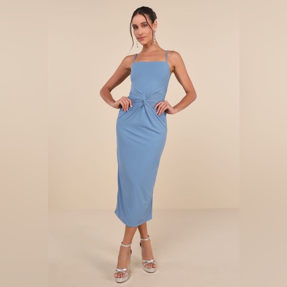 LULU’S Mesmerizing Reputation Slate Blue Twist Front Bodycon Midi Dress - Picture 5 of 6